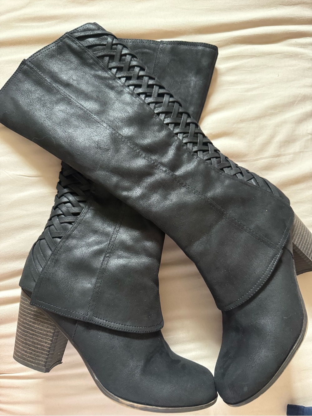 Fergalicious tootsie Black Braided Mid-Calf Heeled Boots